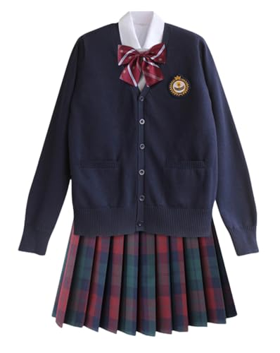 TEDPRBGE Schulkostüm im japanischen Stil, JK, Uniform-Kostüm, dunkelblau, Strickjacke, Pullover, karierter Rock, Set Anime-Outfit (Grün-Rot, XL) von TEDPRBGE