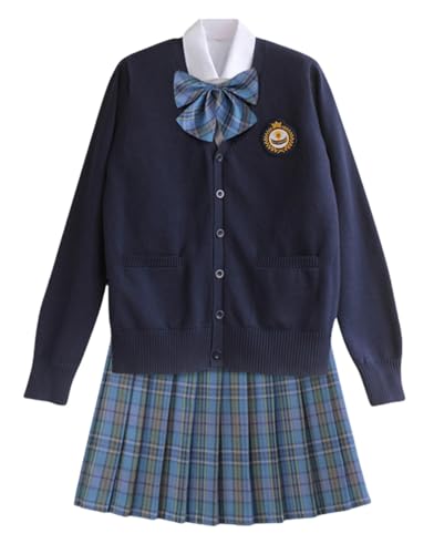 TEDPRBGE Schulkostüm im japanischen Stil, JK, Uniform-Kostüm, dunkelblau, Strickjacke, Pullover, karierter Rock, Set Anime-Outfit (Ombré-Blau, L) von TEDPRBGE