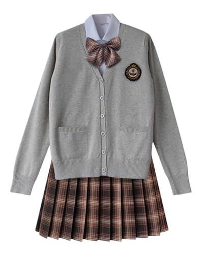 TEDPRBGE Schulkostüm im japanischen Stil, JK, Uniform-Kostüm, grau, Strickjacke, Pullover, karierter Rock, Set, Anime-Outfit (Braun, M) von TEDPRBGE