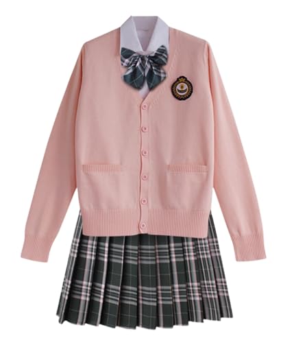 TEDPRBGE Schulkostüm im japanischen Stil, JK, Uniform-Kostüm, rosa, Strickjacke, Pullover, karierter Rock, Anime-Outfit (Schwarz/Rosa, M) von TEDPRBGE