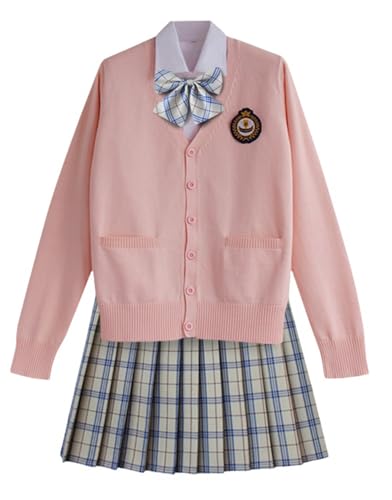 TEDPRBGE Schulkostüm im japanischen Stil, JK, Uniform-Kostüm, rosa, Strickjacke, Pullover, karierter Rock, Set Anime-Outfit (Milchweiß, M) von TEDPRBGE