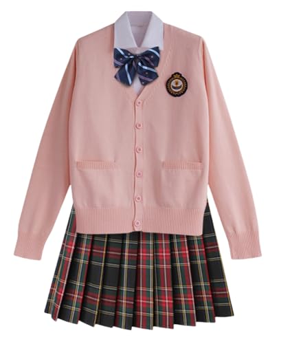 TEDPRBGE Schulkostüm im japanischen Stil, JK, Uniform-Kostüm, rosa, Strickjacke, Pullover, karierter Rock, Set Anime-Outfit (Ombré-Rot, M) von TEDPRBGE