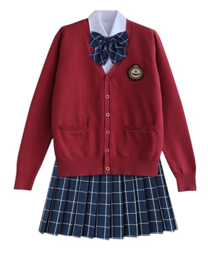 TEDPRBGE Schulkostüm im japanischen Stil, JK, Uniform-Kostüm, rot, Strickjacke, Pullover, karierter Rock, Set, Anime-Outfit (Blau, Größe 2XL) von TEDPRBGE