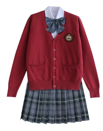 TEDPRBGE Schulkostüm im japanischen Stil, JK, Uniform-Kostüm, rot, Strickjacke, Pullover, karierter Rock, Set, Anime-Outfit (Graugrün, S) von TEDPRBGE