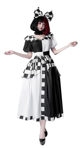 TEDPRBGE Schwarz-Mix-Weißes langes Kleid-Set, kariert, Cosplay, Clownkleid, Halloween-Party-Kostüme für Damen, Größe M von TEDPRBGE