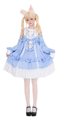 TEDPRBGE Süßes süßes Lolita-Kleid im japanischen Stil, langärmeliges Kleid, Rüschensaum, Kostüm, Kawaii-Kostüm für Damen (Einheitsgröße) von TEDPRBGE