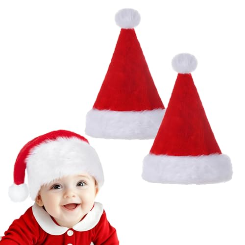 TELAIN 2 Stück Weihnachtsmannmütze für Kinder, Baby-Weihnachtsmützen, Weihnachtsmützen aus Plüsch für Mädchen und Jungen, luxuriöse Weihnachtsmannmütze von TELAIN