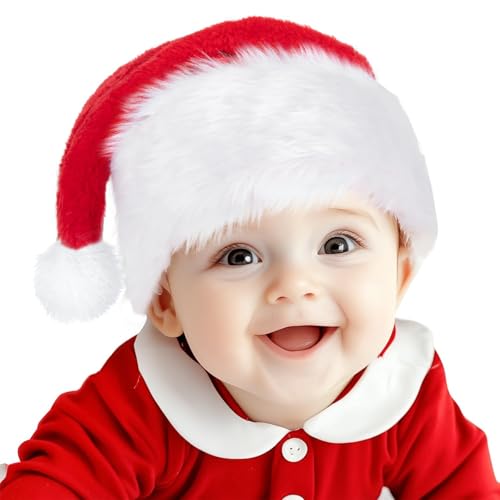 TELAIN 2 Stück Weihnachtsmannmütze für Kinder, Baby-Weihnachtsmützen, Weihnachtsmützen aus Plüsch für Mädchen und Jungen, luxuriöse Weihnachtsmannmütze von TELAIN