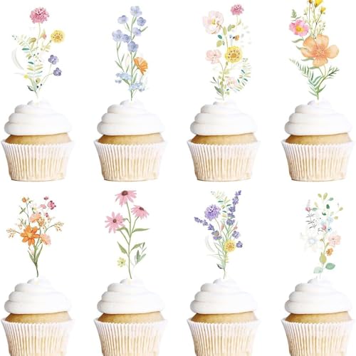 TELAIN 36 Stück Blumen Cupcake Topper, Wildblumen Baby Shower Deko, Geburtstagsdekoration für Mädchen und Frauen von TELAIN