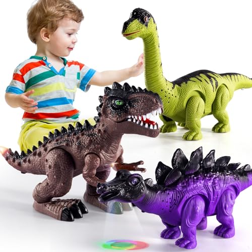 TEMI 3er-Pack elektrisch laufende Dinosaurier-Spielzeuge mit Brüllgeräuschen und Lichtern, realistischer Roboter T-Rex für Kleinkinder 2-3-5 Jahre, Brachiosaurus, Stegosaurus-Dinosaurierfiguren von TEMI