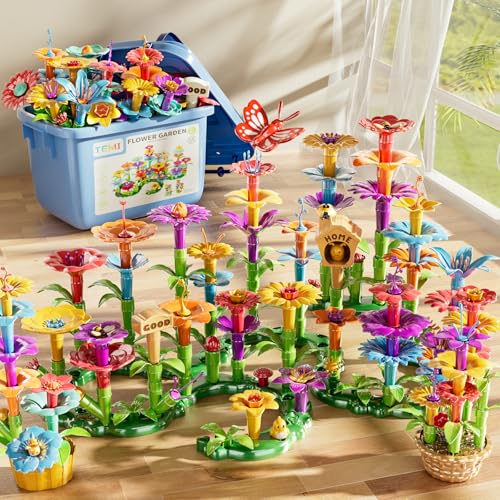 TEMI 138 PCS Pädagogisches Mint Spielzeug und Vorschule Garten Spiel Set für Kinder Alter 3-7, Blumen Stapeln Spielzeug für Jungen und Mädchen von TEMI