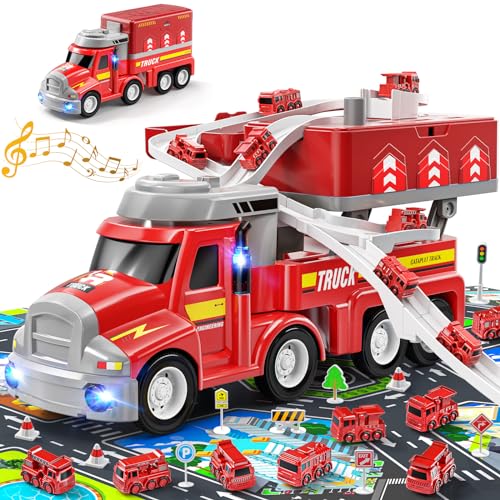 TEMI 3 4 5 6 Jahre alte Jungen Feuerwehrwagen Kinderspielzeug, Jungen Auto Abenteuer Spielzeug, Spielzeug mit 8-Miniautos, Mobile Card Station Spielzeug Spur von TEMI