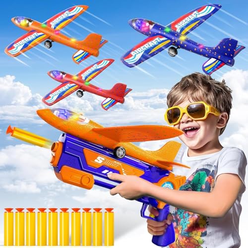 TEMI 3-teilige Kinder große Fliegende Schaumflugzeuge, die Spielzeug, 2-Arten Fliegende Modus Schaumflugzeugkatapulte, mit 10-weichen Schaumpfeilen und 3-Flugzeuggleitspielzeug für Männer und Frauen+ von TEMI