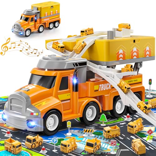 TEMI BAU Truck Kinderspielzeug, passend für Jungen und Mädchen im Alter von 3, 4, 5 und 6, Auto Abenteuer Spielzeug für Kleinkinder, 8-Auto Auto montiert Spielzeug und Mobile LKW Station Spielzeug von TEMI