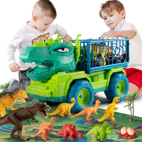 TEMI Dinosaurier LKW Spielzeug für Kinder 3-5 Jahre, Tyrannosaurus Transport Auto Träger LKW mit 8 Dino Figuren, Aktivität Spielmatte, Dinosaurier Eier, Bäume, fangen Jurassic Spiel Set für Jungen von TEMI