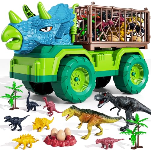 TEMI Dinosaurier-LKW-Spielzeug für Kinder von 3–5 Jahren, Triceratops-Transportauto-Transporter, mit 8 Dino-Figuren, Aktivitäts-Spielmatte, Capture Jurassic Dinosaur Play Set für Jungen und Mädchen von TEMI