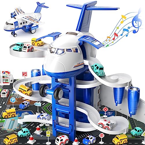 TEMI Kinder Flugzeug Spielzeug Rennstrecke Auto Spielzeug für 3 4 5 6 7 Jungen zu Transformed Flugzeug Garage Abenteuer Spielzeug mit 8 City Cars für Kleinkind Alter 2-6 von TEMI