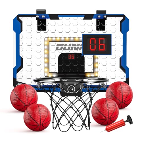 TEMI Indoor Basketball Reifen für Kinder, LED Licht Tür Basketballkorb, Mini Basketballbrett mit elektronischer Anzeigetafel 4 Bälle, Outdoor Geschenk für 5 6 7 8 9 10 11 12 Jahre alte Junge Kinder von TEMI