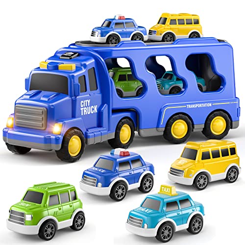 TEMI Kleinkind LKW Spielzeug für 3 4 5 6 7 Jahre alte Jungen.5 Pack Träger LKW Transport Stadtfahrzeuge Spielzeug, Kinder Spielzeug Auto für Mädchen Jungen Kleinkinder Reibung Power Set von TEMI