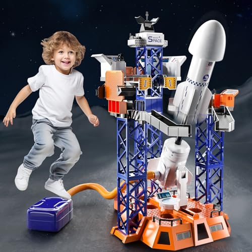 TEMI Rakete Spielzeug Raketenwerfer für Kinder 3 4 5 6 7 8 9, STEM-Weltraumspielzeug mit Startzentrum, Konsole, Satellit, Astronauten, Projektionslampe Geschenk für Jungen und Mädchen ab 3 Jahren von TEMI