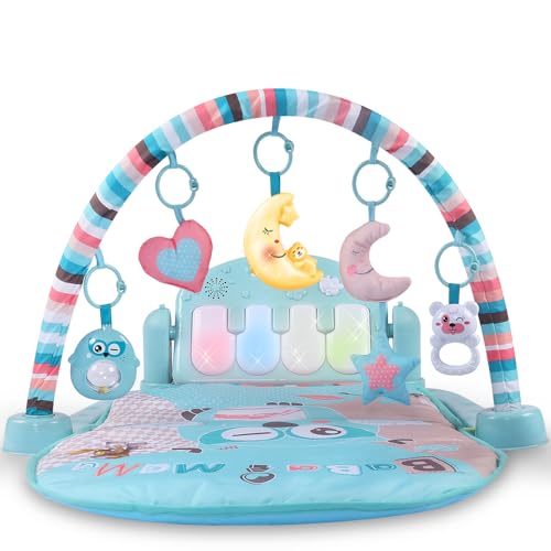 TEMI Spieldecke mit Spielbogen Baby Kick & Play Piano Gym Spielmatte mit Musik und Licht Krabbeldecke mit abnehmbaren Spielzeugen Bauchzeit Activity Decke für Baby Mädchen Junge Kleinkinder von TEMI