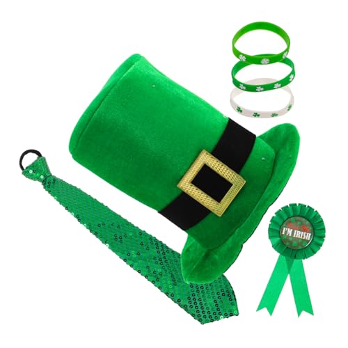 TEMPNAP 1 Satz St. Patrick's Day-hut, Grünes Outfit-set, Grüner Kleeblatt-zylinder Mit Kragen, Krawatte, Armband Und Abzeichen, Bezauberndes Irisches Party-kostüm, Foto-requisiten von TEMPNAP