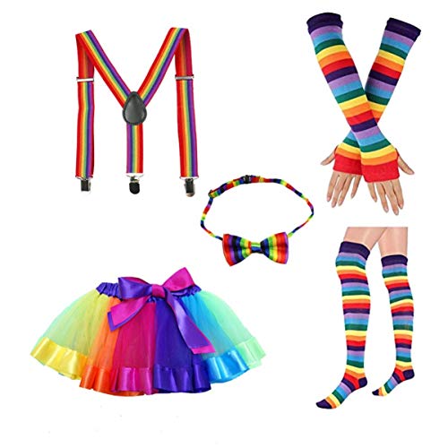 TENDYCOCO Erwachsene Tutu Rock Kit Regenbogen Lange Handschuhe Strümpfe Bowknot Krawatte Hosenträger Kostüme Outfit für Frauen von TENDYCOCO