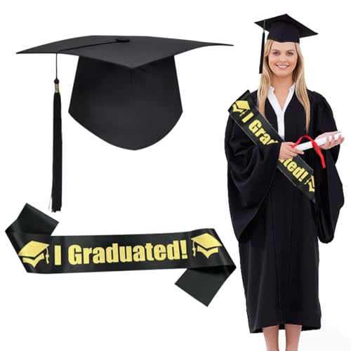 TENGEE 1 Satz Bachelor,Bachelor Geschenk,Schwarz Bachelor Hut und Schultergurte,Absolventenhut zum Graduation mit Verstellbar Schultergurte,Absolventenkappe im Abschluss,für Studenten Graduation von TENGEE