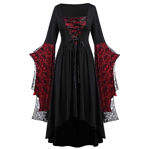 TENZHVXI Damen Gothic Gothic Kleid Mittelalterliche Renaissance Kostüm Mesh Langarm Tie up Korsett Maxi Kleid Halloween Cosplay von TENZHVXI