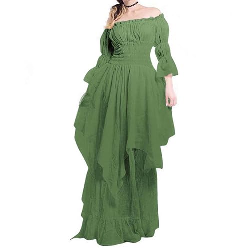 TENZHVXI Damen Mittelalterlich Gotisch Puffärmel Rüsche Aus Schulter Kleid Renaissance Kostüm Halloween Fee Kleider Für Frauen von TENZHVXI