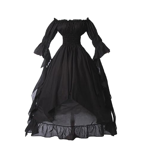 TENZHVXI Damen Mittelalterlich Gotisch Puffärmel Rüsche Aus Schulter Kleid Renaissance Kostüm Halloween Fee Kleider Für Frauen von TENZHVXI