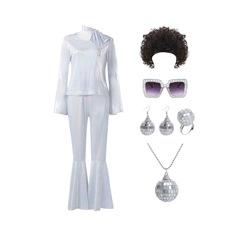 TENZHVXI Frauen 70er Jahre Disco Outfits Halloween Party Kostüm Set Mit Perücke Sonnenbrille Halskette Ohrring Ring von TENZHVXI