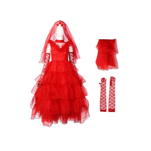 TENZHVXI Frauen Cosplay Kostüm Rot Gothic Hochzeitskleid Abendkleid Braut Cosplay Kostüm Outfits Halloween Anzug Mit Handschuhen & Schleier von TENZHVXI