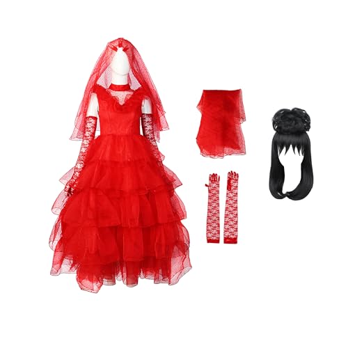 TENZHVXI Frauen Cosplay Kostüm Rot Gothic Hochzeitskleid Abendkleid Braut Cosplay Kostüm Outfits Halloween Anzug Mit Handschuhen & Schleier von TENZHVXI