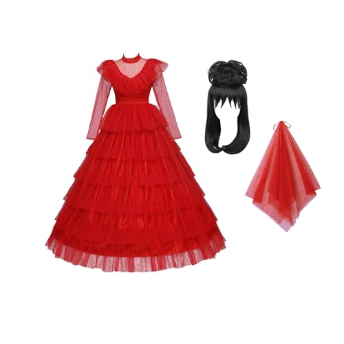 TENZHVXI Frauen Cosplay Kostüm Rot Gothic Hochzeitskleid Abendkleid Braut Cosplay Kostüm Outfits Halloween Anzug Mit Handschuhen & Schleier von TENZHVXI