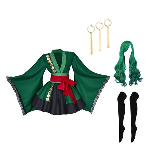 TENZHVXI Frauen Cosplay Outfit Kimono Halloween Kostüm Grünes Kleid Robe Ohrringe Socken Komplettset Mit Gürtel von TENZHVXI