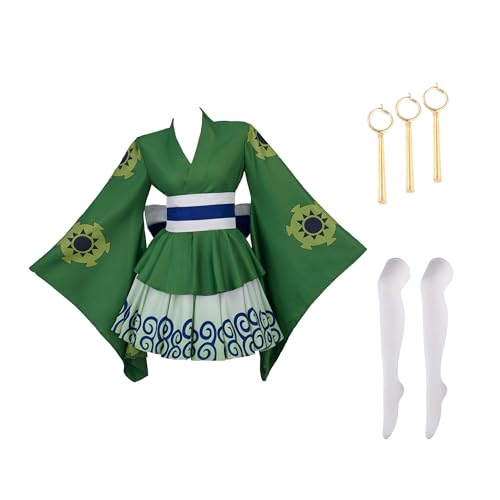 TENZHVXI Frauen Cosplay Outfit Kimono Halloween Kostüm Grünes Kleid Robe Ohrringe Socken Komplettset Mit Gürtel von TENZHVXI