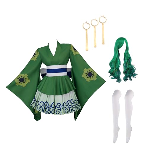 TENZHVXI Frauen Cosplay Outfit Kimono Halloween Kostüm Grünes Kleid Robe Ohrringe Socken Komplettset Mit Gürtel von TENZHVXI