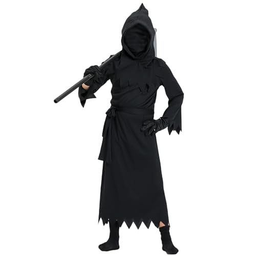 TENZHVXI Halloween Schwarz Sensenmann Robe Kostüm Halloween Tod Das Kind Cosplay Scary Halloween Party Dress up Mit Sense von TENZHVXI