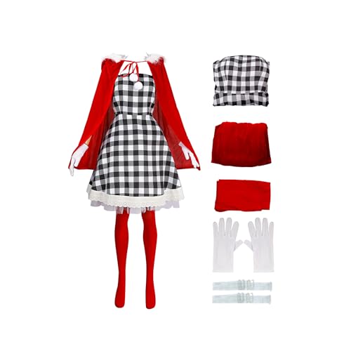 TENZHVXI Weihnachtskostüm Schwarz-Weiß Kariertes Kleid Mit Rotem Kapuzenumhang Komplettset Cosplay Outfits Zubehör von TENZHVXI