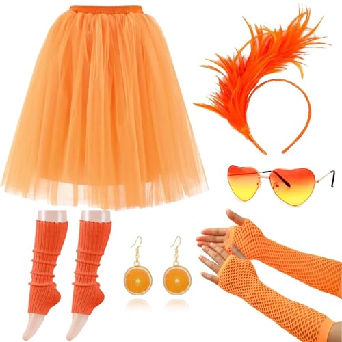 TERAZUNO Aperol Kostümset for Damen – Oranger Tüllrock, Stirnband, Herz-Sonnenbrille, Acryl-Ohrringe, Beinstulpen und Socken – Perfekt for Karneval, Fasching, Halloween und Partys von TERAZUNO