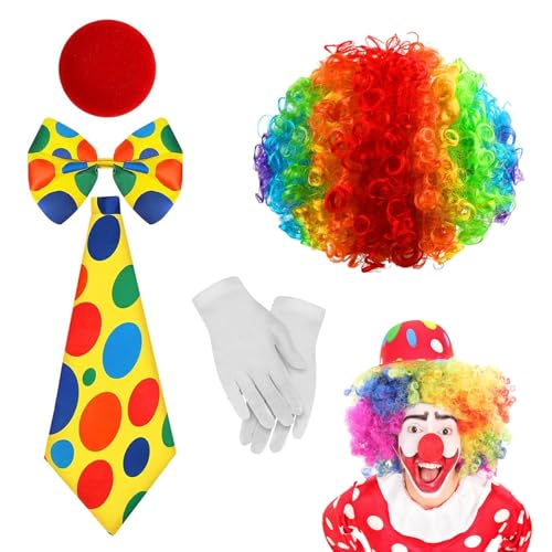 5 Stück Clown Kostüm Set, mit Perücke, Nase, Bunte Fliege, Krawatte und Handschuhen, Bunt und Lustig, für Karneval und Fasching, Unisex von TERJBG