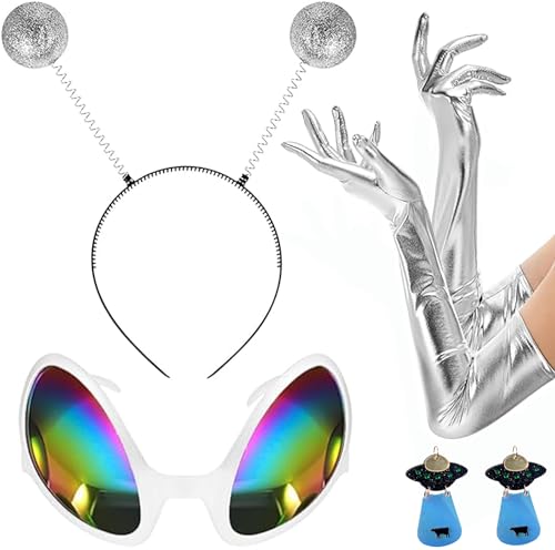 Alien Kostüm Set Glitzer, Bopper Stirnband Silber Lange Handschuhe Schwarze Acryl UFO Ohrringe Verkleidung, Erwachsene Kostüm Zubehör für Damen von TERJBG