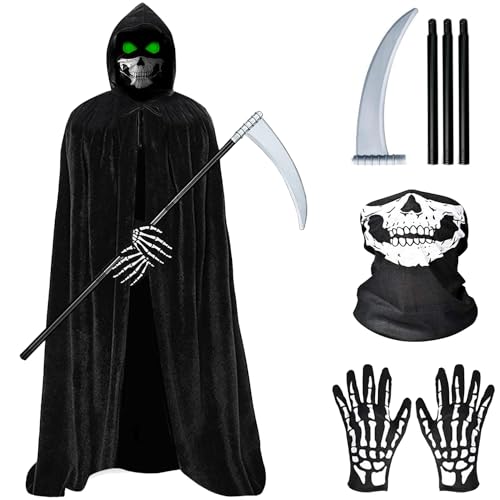 4 PCS Halloween Ghost Kostüm Sensenmann Herren, Halloween Schwarzer Umhang, Kostüm Herren Robe mit Kapuze Gewand Karneval Fasching Männer Erwachsene Cosplay Party Outfit von TERJBG