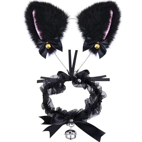 Katzenkostüm Damen, Katze Ohr Stirnband und Halskette Set - Niedliches Katzenohren Haarband und Glöckchen Kette für Cosplay Kostümfest - Schwarz von TERJBG