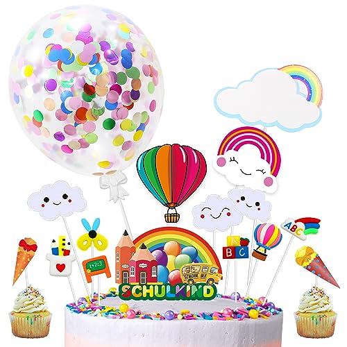 TERJBG Tortendeko Einschulung, Schulanfang Kuchen Deko Endlich Schulkind Cake Topper Regenbogen Konfetti Ballon Schulwaren Tortenaufsätze für Mädchen Junge von TERJBG