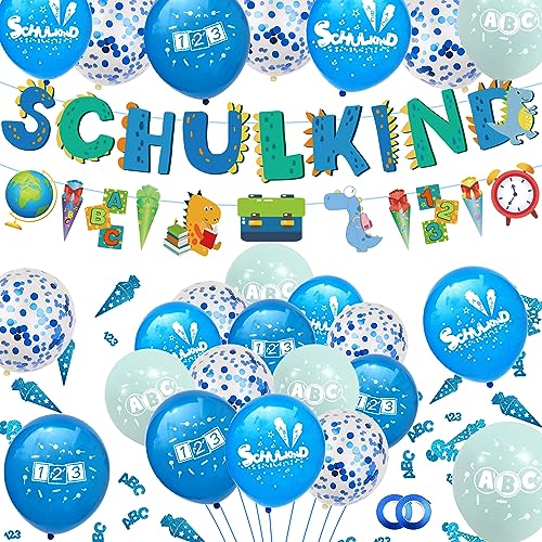 TERJBG Einschulung Deko, Deko Einschulung Junge, Blaue Dinosaurier Schulanfang Junge Deko Set, SCHULKIND Banner von TERJBG