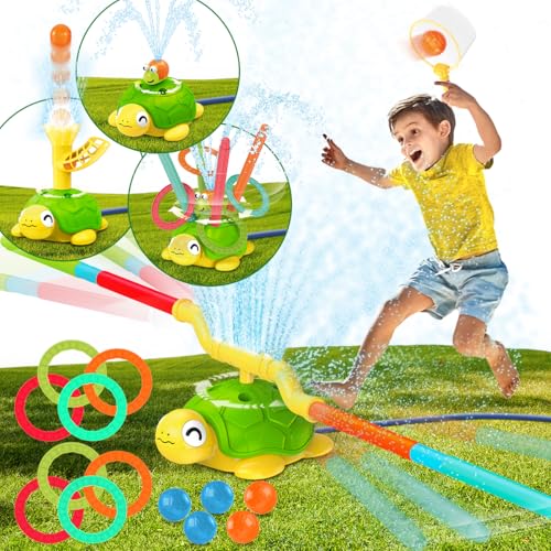 TERRAMUS 4-in-1 Schildkröten-Wassersprinkler-Spielzeug für Kinder, Ballschaufel, Wurfringe und Springspiel, Wassersprinkler-Spielzeug für den Sommer, 360° drehbares Wassersprühspielzeug mit 4 von TERRAMUS