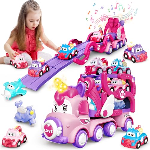 TERRAMUS Cartoon Auto Spielzeug für Kinder, 7 in 1 Transport Truck Spielzeug Autos mit Licht und Musik, Träger LKW Fahrzeuge Spielzeugauto, Weihnachten Geburtstag Geschenke für Mädchen 3 4 5 6 Jahre von TERRAMUS