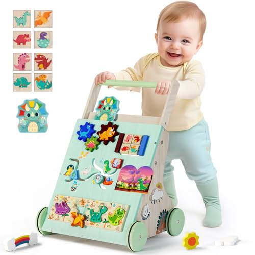 TERRAMUS Baby Lauflernwagen Holz, Dinosaurier Multifunktion Montessori Spielzeug mit Formensortierung Spielbrett, Baby Lauflernhilfe mit & Rädern Geschenk für Kleinekinder Kinder 6 Monate - 1-2 Jahre von TERRAMUS